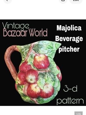 Vintage Bazaar worls brand Majolica 3-d apple pattern 64oz bev pitcher
